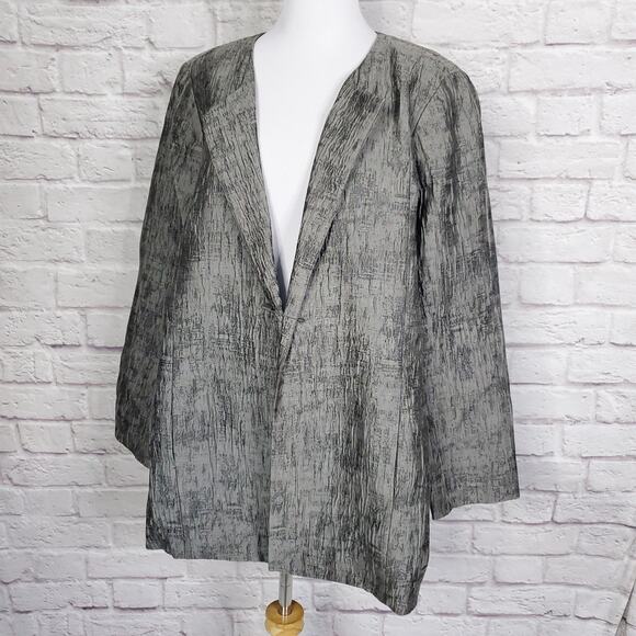 Eileen Fisher Gray Silver Silk Blend Textured Crinkle Jacket Pin Closure XL - Picture 7 of 13